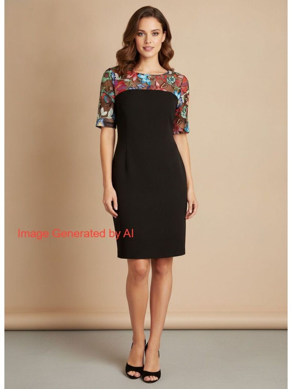 Nina Leonard Women's Black Embroidered Floral Mesh Sheath Dress Sz S